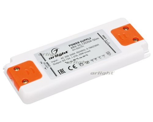 Блок питания ARV-HL12020A-Slim (12V, 1.67A, 20W) (Arlight, IP20 Пластик, 3 года)