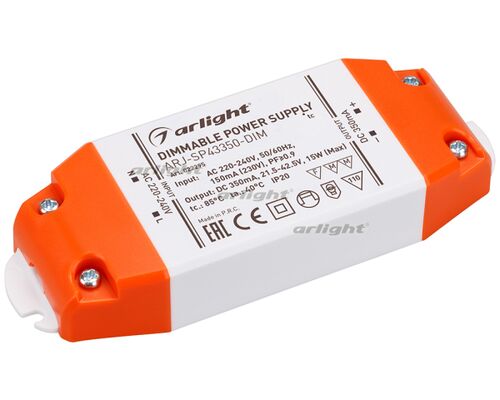 Блок питания ARJ-SP43350-DIM (15W, 350mA, PFC, Triac) (Arlight, IP20 Пластик, 3 года)