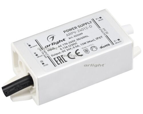 Блок питания ARPV-24012-D (24V, 0.5A, 12W) (Arlight, IP67 Металл, 3 года)