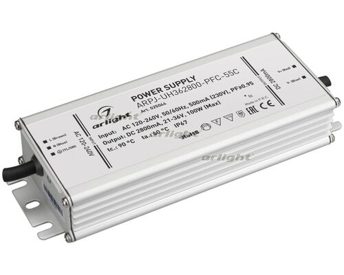 Блок питания ARPJ-UH362800-PFC-55C (100W, 2.8A) (Arlight, IP67 Металл, 5 лет)