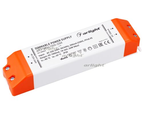 Блок питания ARJ-SP361000-DIM (36W, 1000mA, PFC, Triac) (Arlight, IP20 Пластик, 3 года)