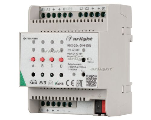 INTELLIGENT ARLIGHT Диммер KNX-204-DIM-DIN (12-48V, 8x0.35/4x0.7/2x1A) (IARL, IP20 Пластик, 2 года)