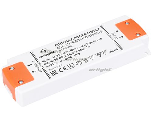 Блок питания ARV-SN24050-PFC-TRIAC-B (24V, 2.1A, 50W) (Arlight, IP20 Пластик, 3 года)