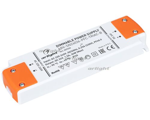 Блок питания ARV-SN24036-PFC-TRIAC-B (24V, 1.5A, 36W) (Arlight, IP20 Пластик, 3 года)