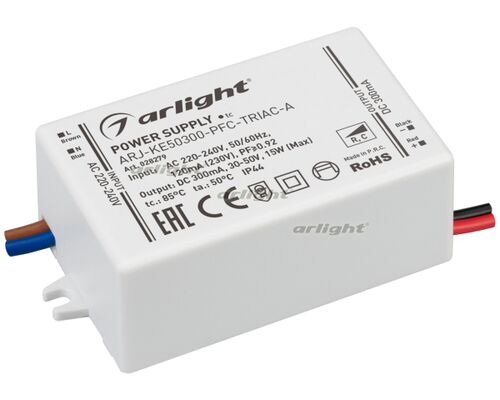 Блок питания ARJ-KE50300-PFC-TRIAC-A (15W, 300mA) (Arlight, IP44 Пластик, 5 лет)