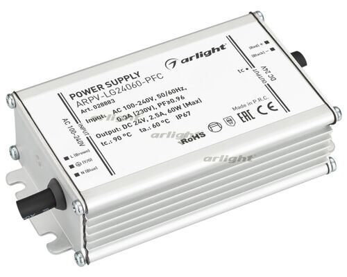 Блок питания ARPV-LG24060-PFC (24V, 2.5A, 60W) (Arlight, IP67 Металл, 5 лет)