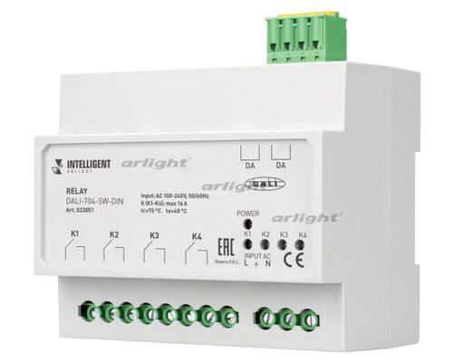 INTELLIGENT ARLIGHT Релейный модуль DALI-704-SW-DIN (BUS, 4х16A) (INTELLIGENT ARLIGHT, IP20 Пластик, 3 года)