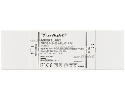 Блок питания ARV-SP-24036-FLAT-PFC (24V, 1.5A, 36W) (Arlight, IP20 Пластик, 5 лет)