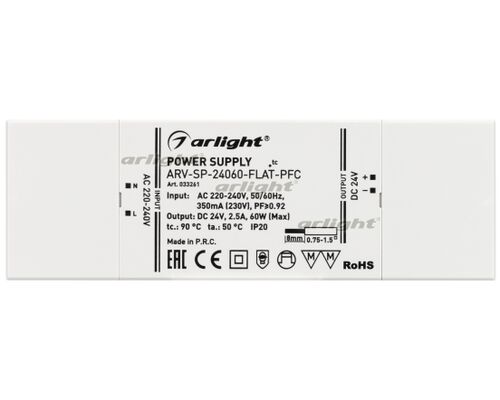 Блок питания ARV-SP-24060-FLAT-PFC (24V, 2.5A, 60W) (Arlight, IP20 Пластик, 5 лет)