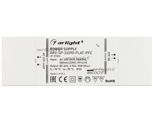 Блок питания ARV-SP-24090-FLAT-PFC (24V, 3.75A, 90W) (Arlight, IP20 Пластик, 5 лет)