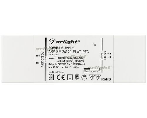 Блок питания ARV-SP-24120-FLAT-PFC (24V, 5A, 120W) (Arlight, IP20 Пластик, 5 лет)