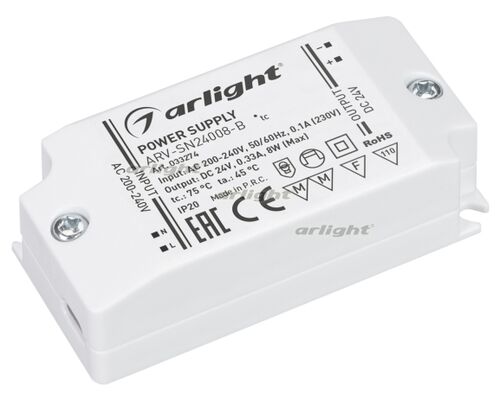 Блок питания ARV-SN24008-B (24V, 0.33A, 8W) (Arlight, IP20 Пластик, 3 года)